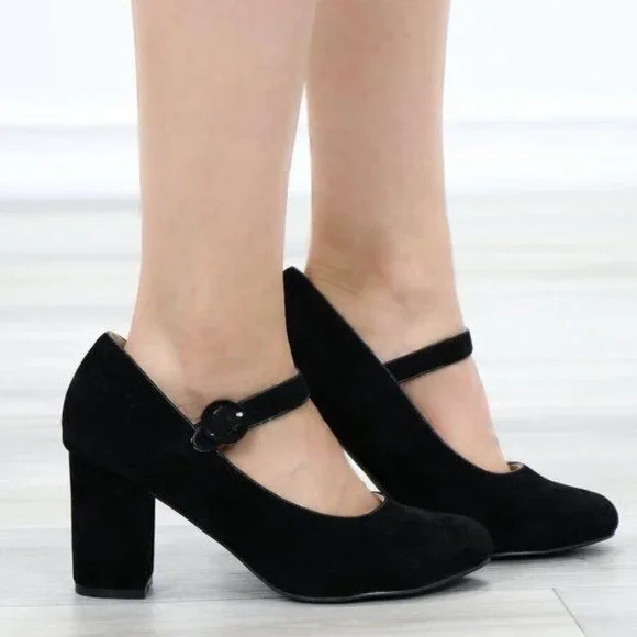 Black Mary Jane Shoes Faux Suede Buckle Strap Chunky Block Heel - Picture 13 of 13